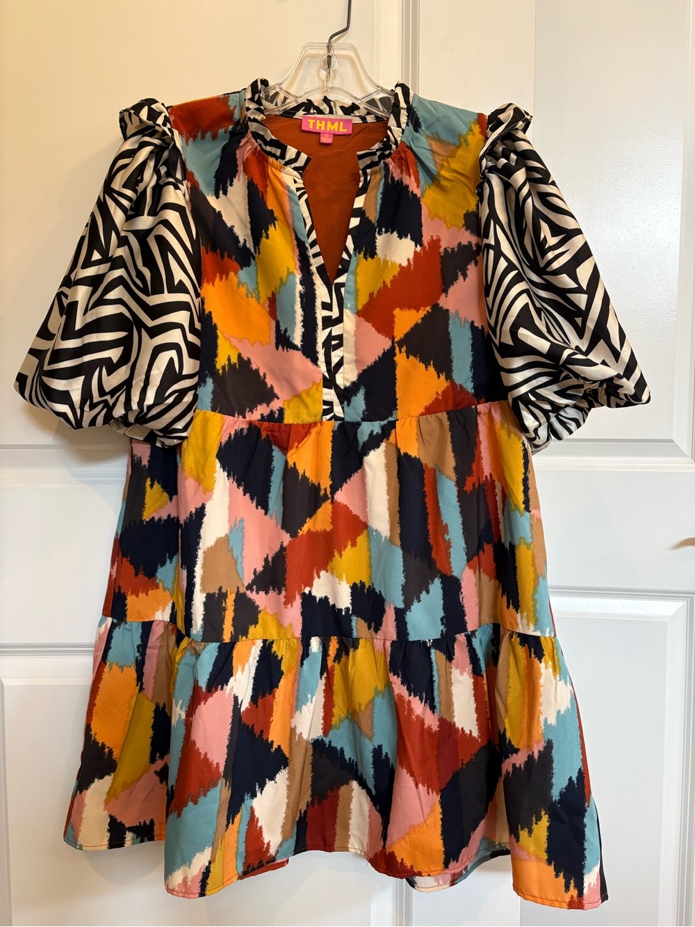 THML Multicolor Geo Print Puff Sleeve Mini Dress XS